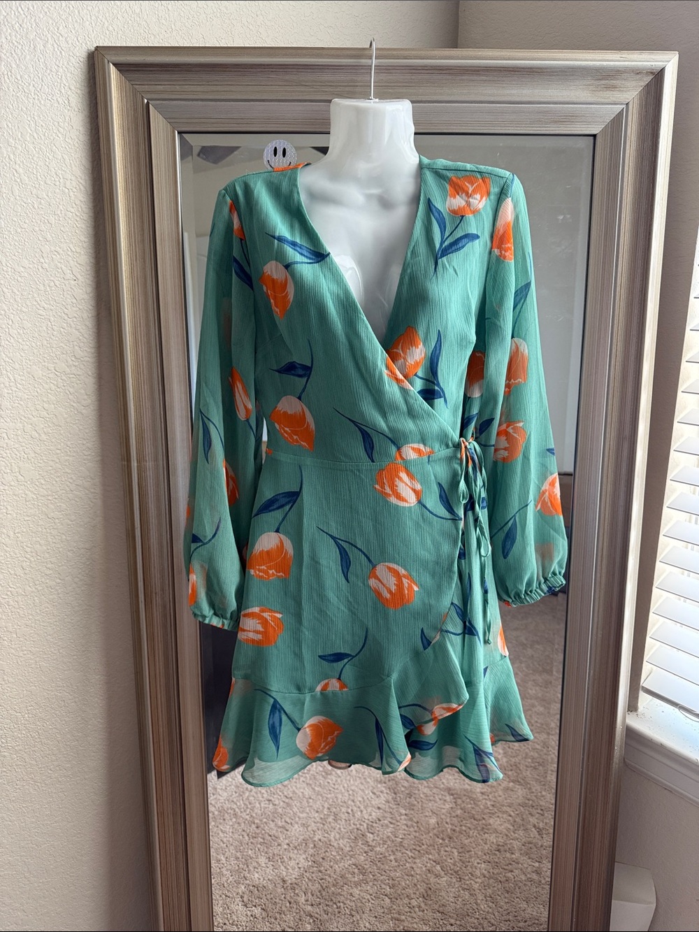 Green Floral Wrap Dress with Orange Tulip Print